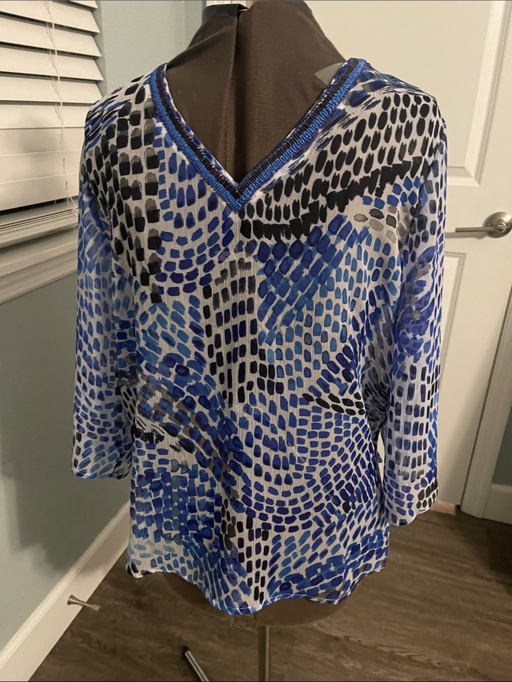 Chico's Blue, Black & White Patterned V-Neck Tunic